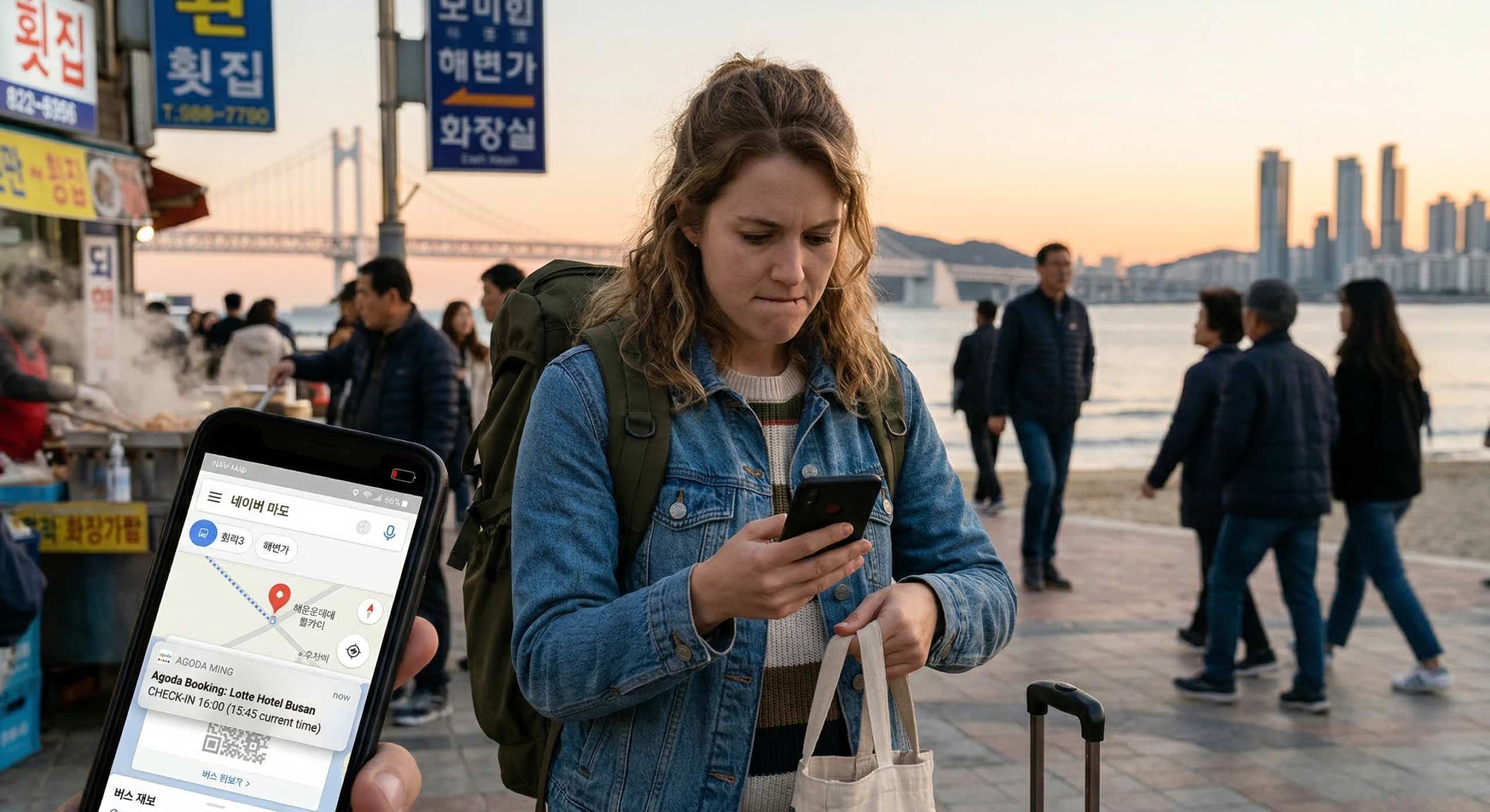 Foreign traveler checking a smartphone with map and booking details near a Korean beachside travel area
