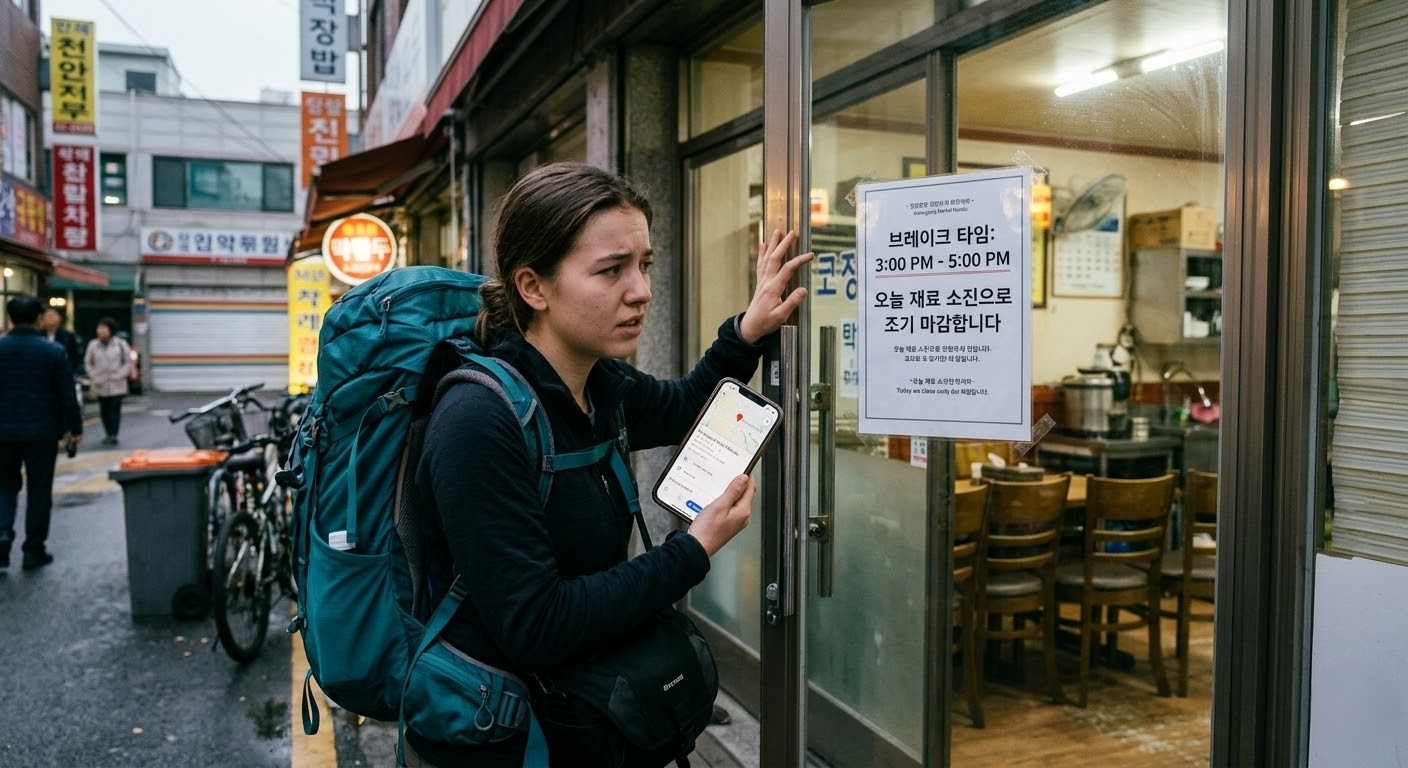 foreign traveler checking a restaurant door sign in Korea during break time