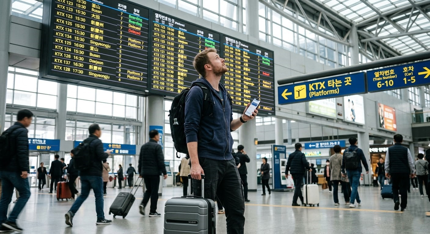 foreign traveler checking a KTX departure board with a carry-on at Seoul Station