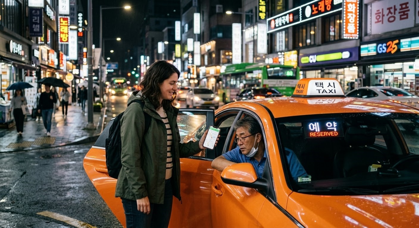 foreign traveler showing a smartphone map to a taxi driver on a Seoul street at night