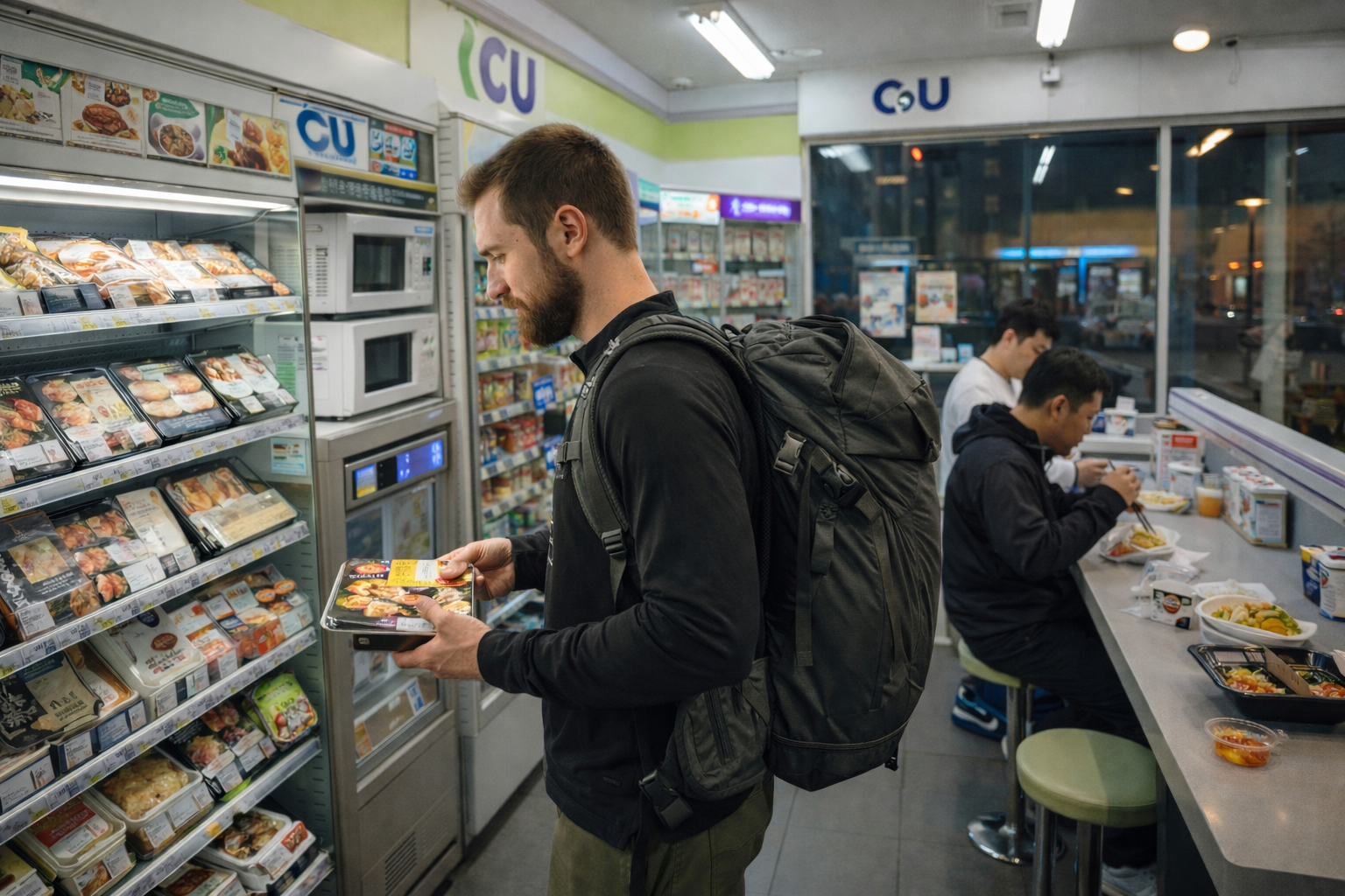 foreign traveler choosing a ready meal inside a Korean CU convenience store