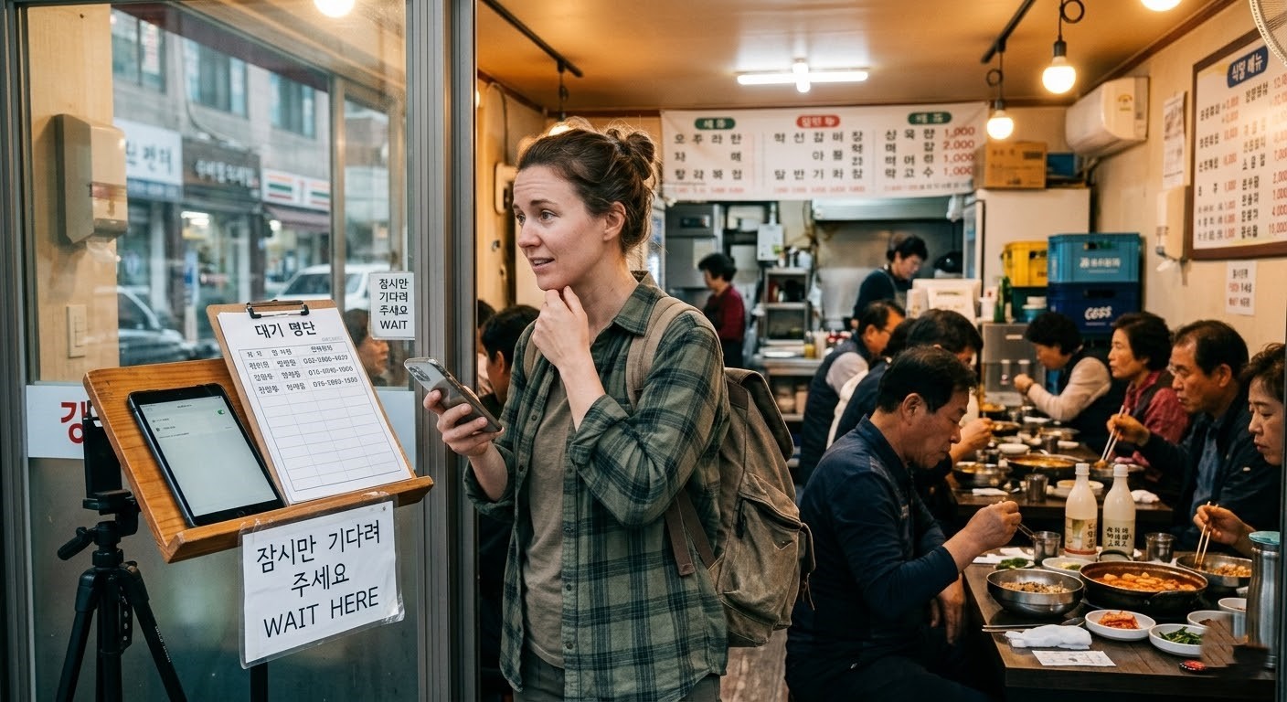 foreign traveler hesitating at the entrance of a casual Korean restaurant in Seoul
