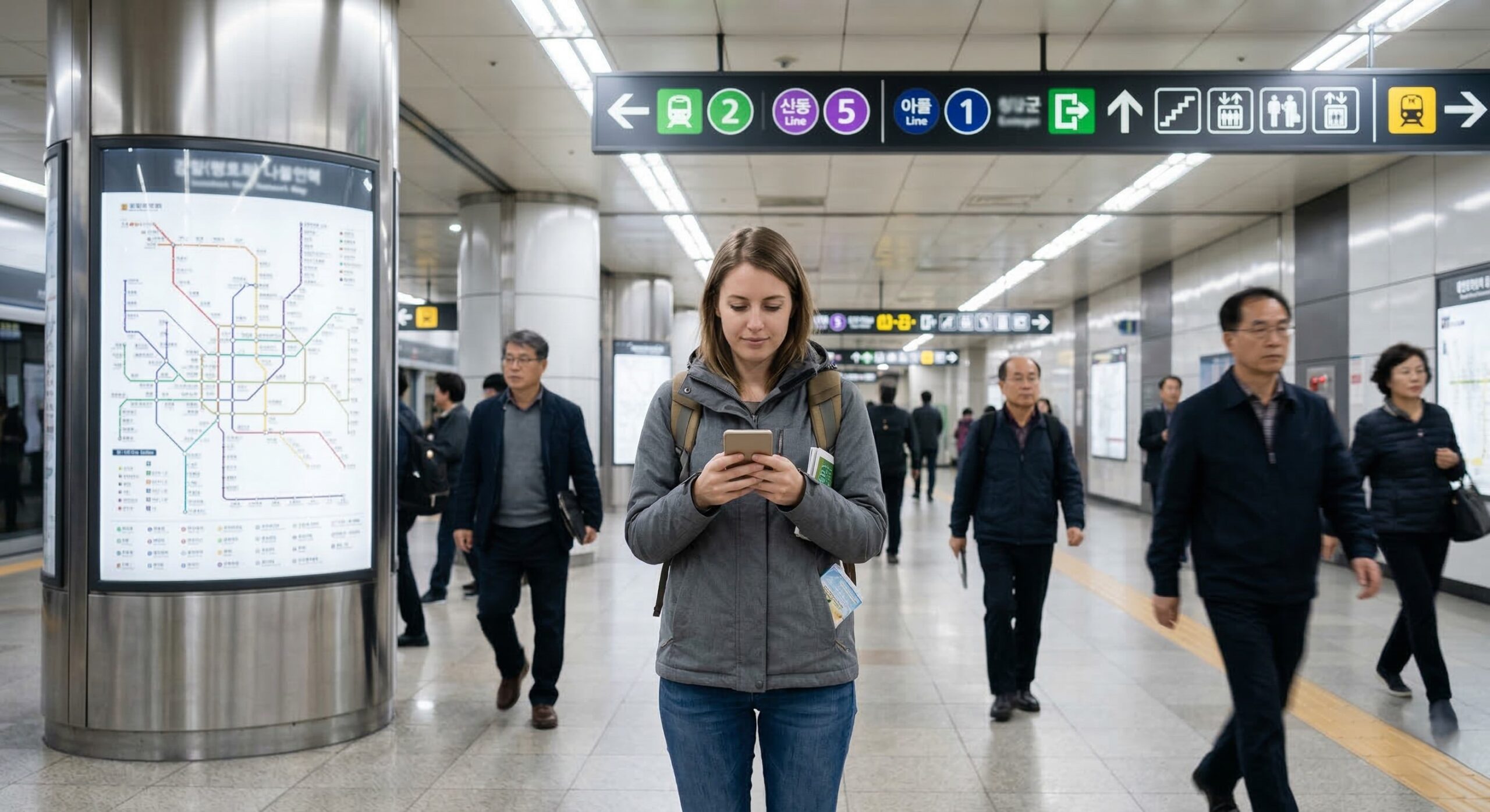 Foreign traveler checking directions inside a Seoul subway station