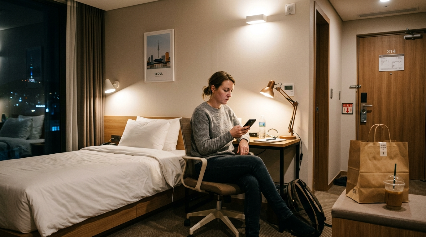 A foreign traveler in a Seoul hotel room checking a phone after a food delivery order in Korea