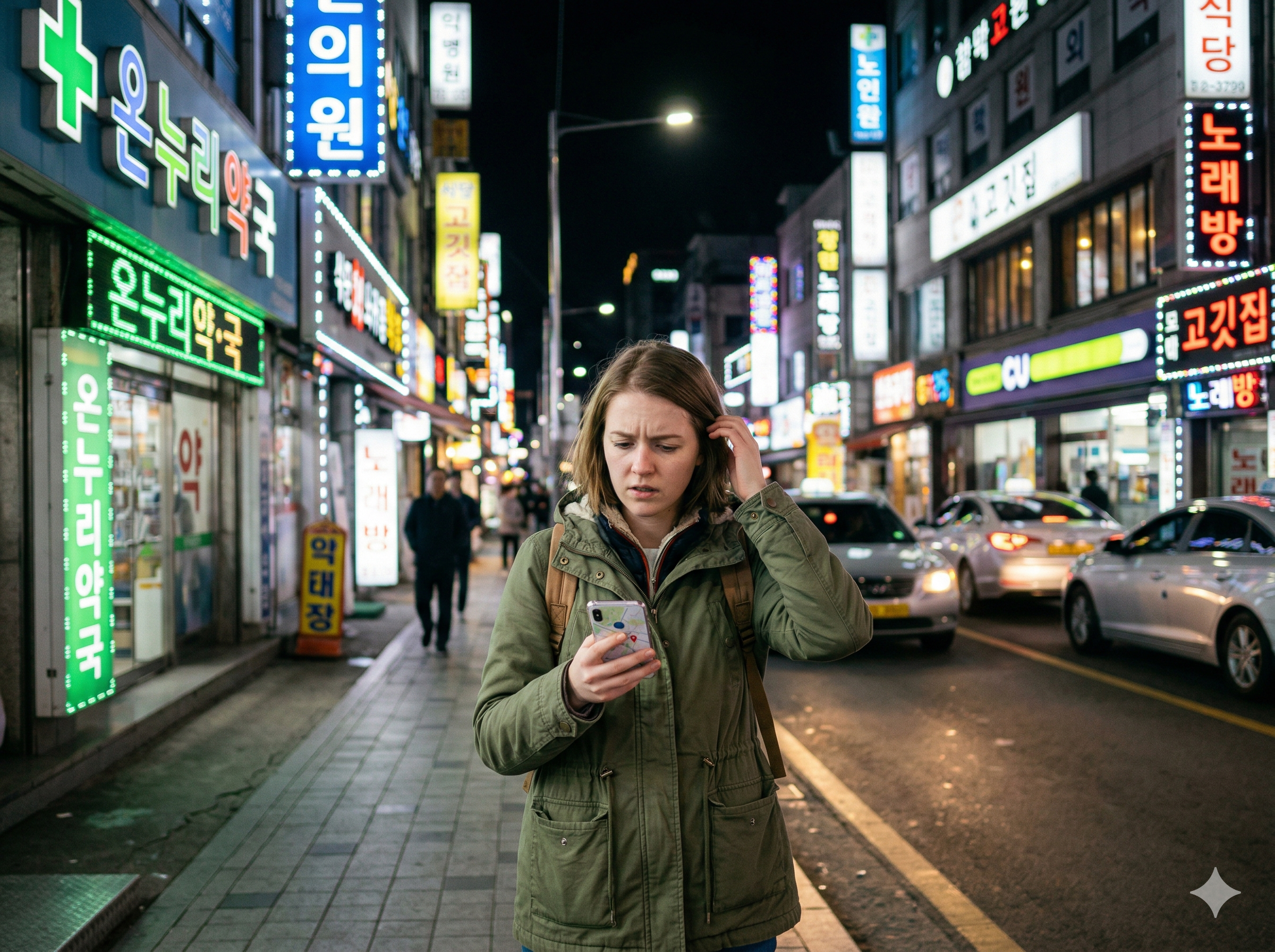 Foreign traveler in Korea at night checking a smartphone to find an open pharmacy, clinic, or emergency help