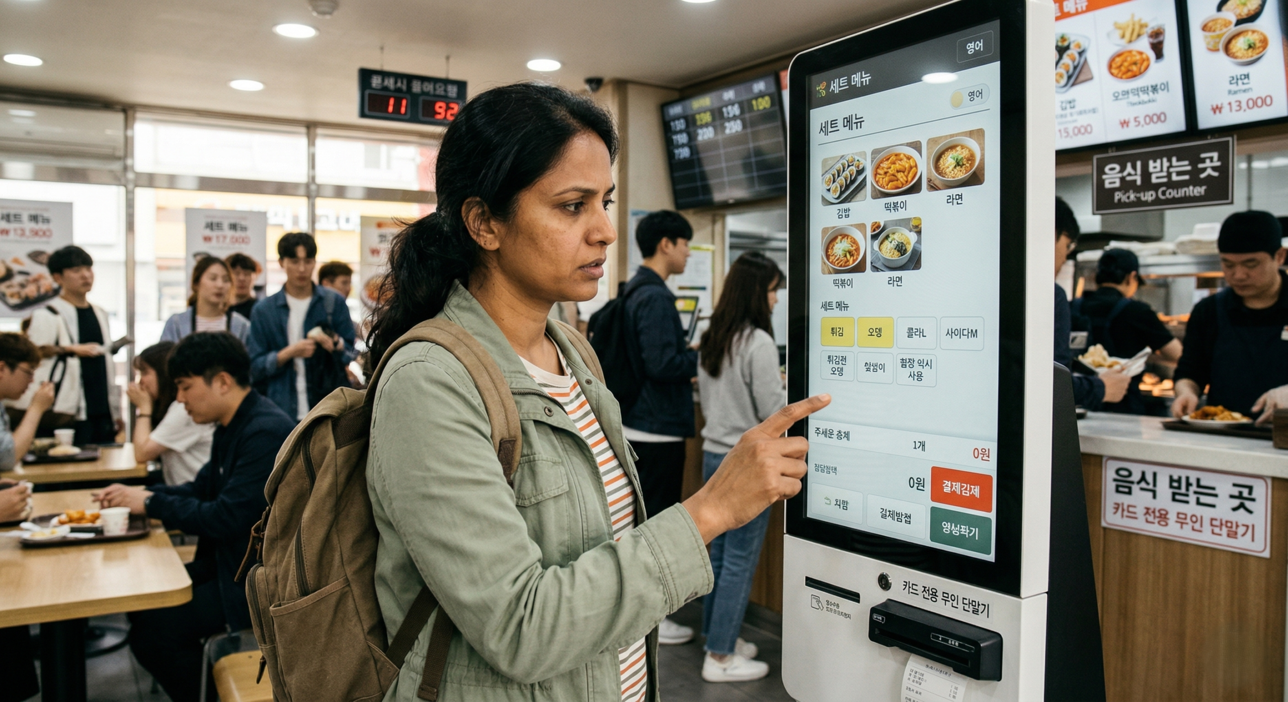 Foreign traveler using a self-order kiosk inside a casual Korean restaurant while selecting menu options on the screen