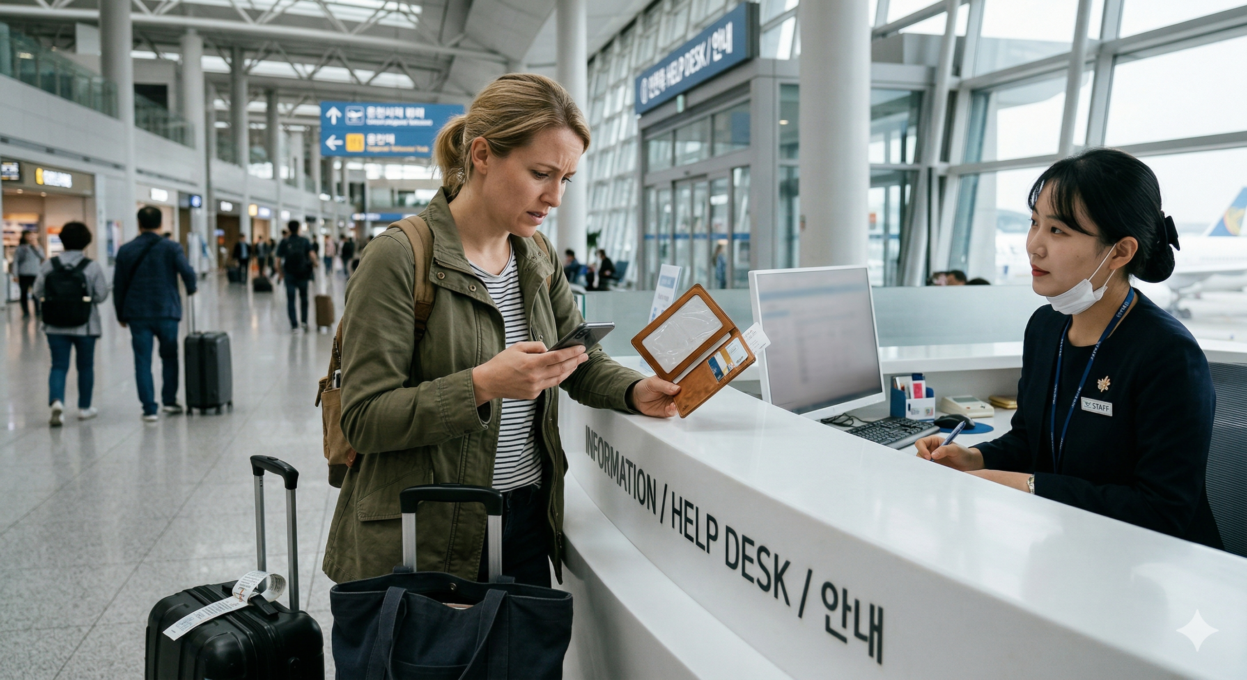 Foreign traveler asking for help at an airport information desk in Korea after realizing a passport is missing