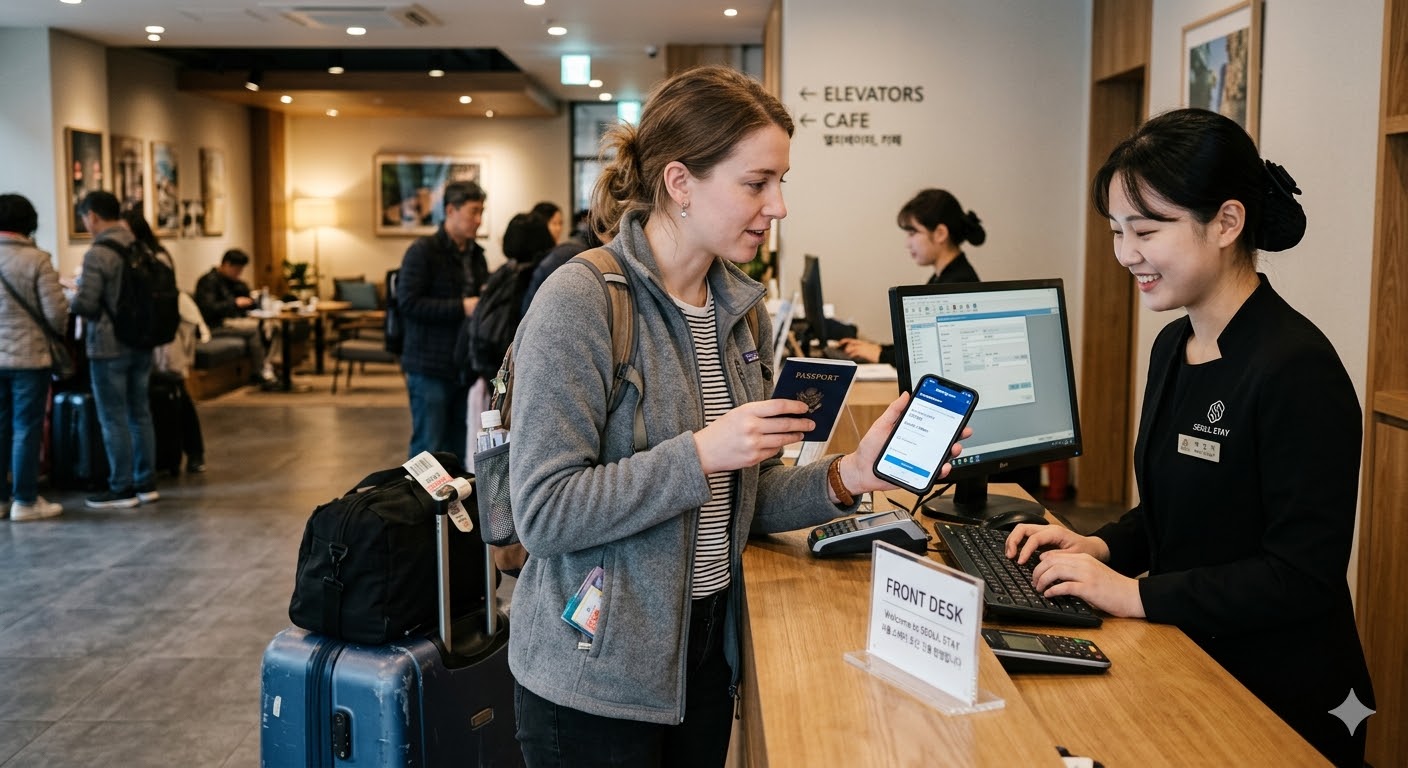 foreign traveler checking into a hotel in Seoul showing passport and reservation at the front desk