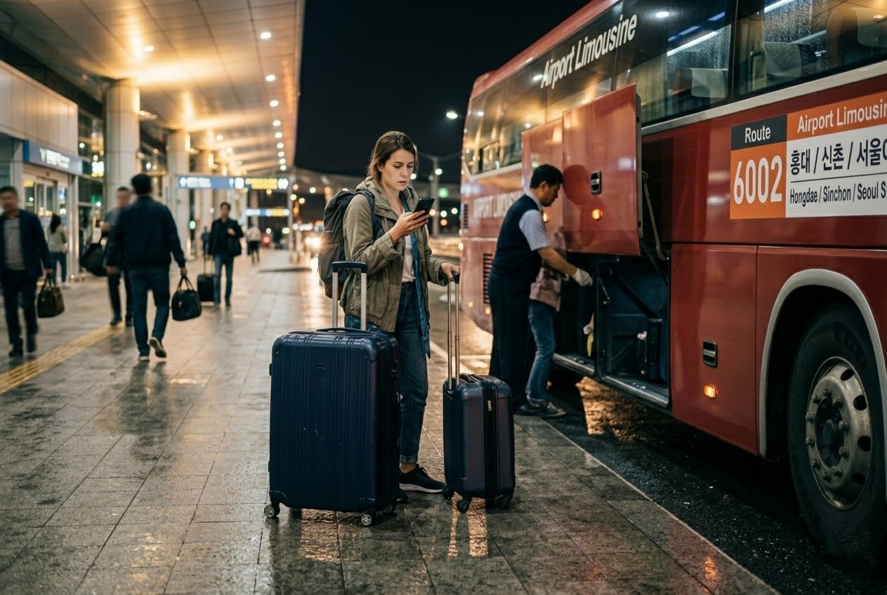 Foreign traveler checking an airport limousine bus at Incheon Airport at night with two suitcases