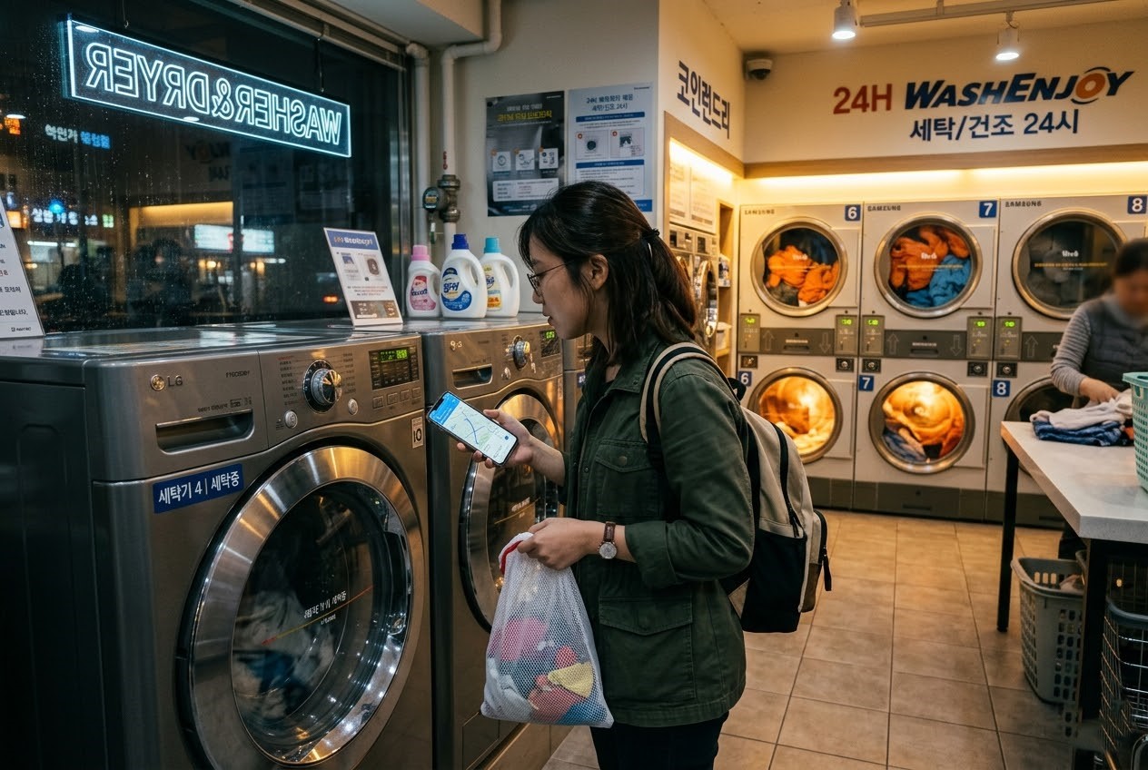 Foreign traveler using a late-night self-service laundromat in Korea with washers, dryers, and a payment kiosk