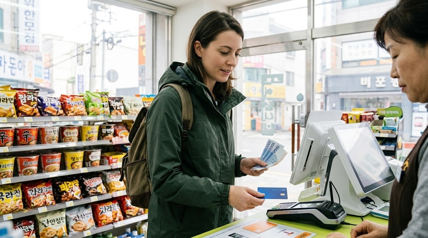 Foreign traveler paying at a Korean convenience store with a card and Korean won