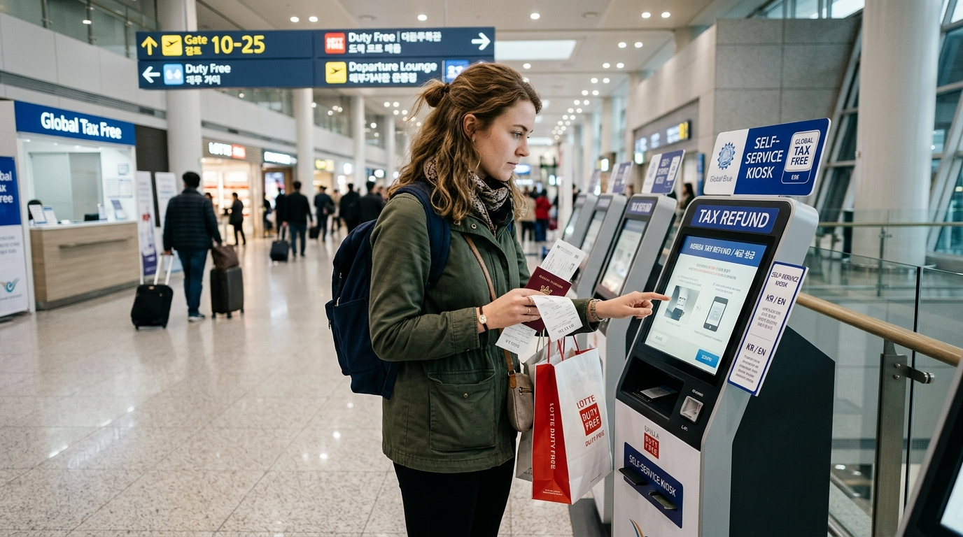 A foreign traveler using a tax refund kiosk at Incheon Airport before departure in Korea