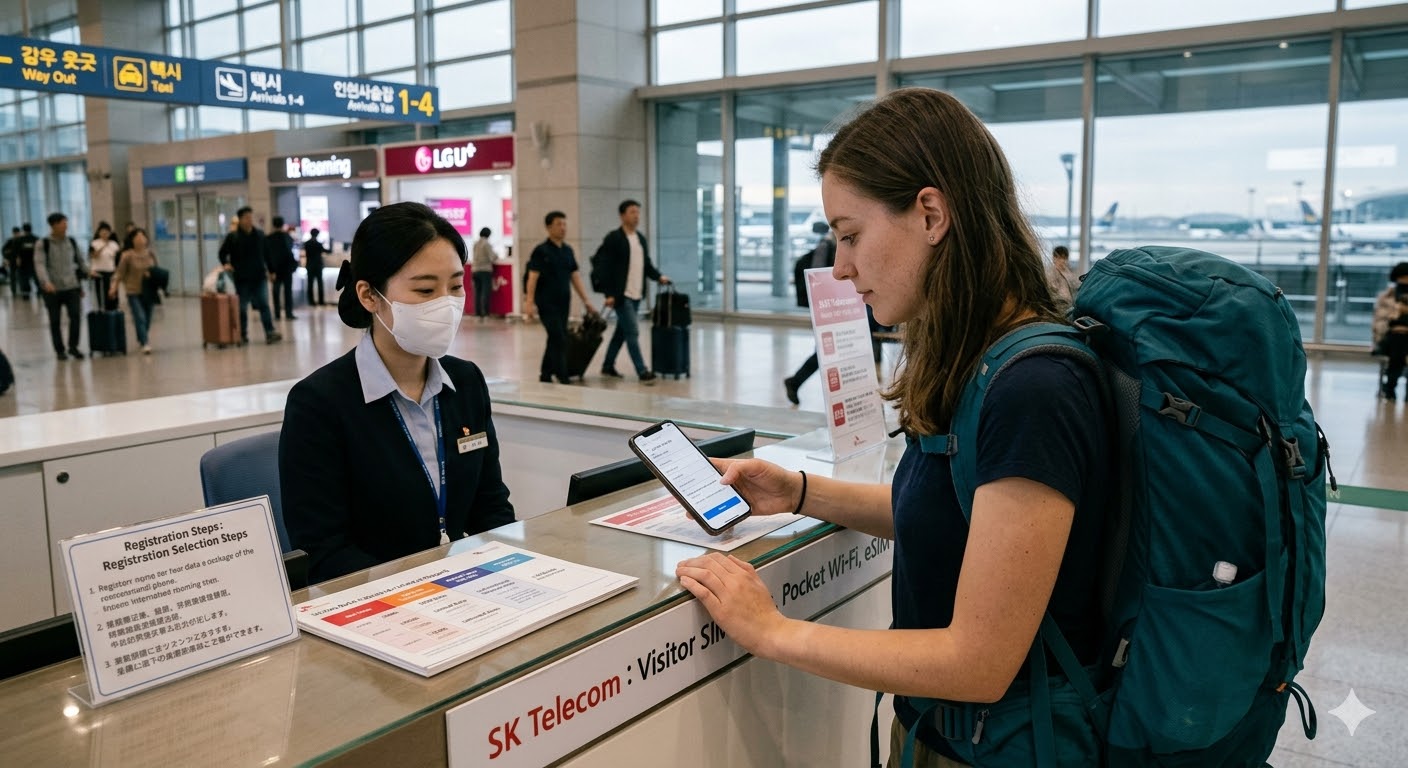 foreign traveler setting up a tourist SIM at an airport telecom counter in Korea