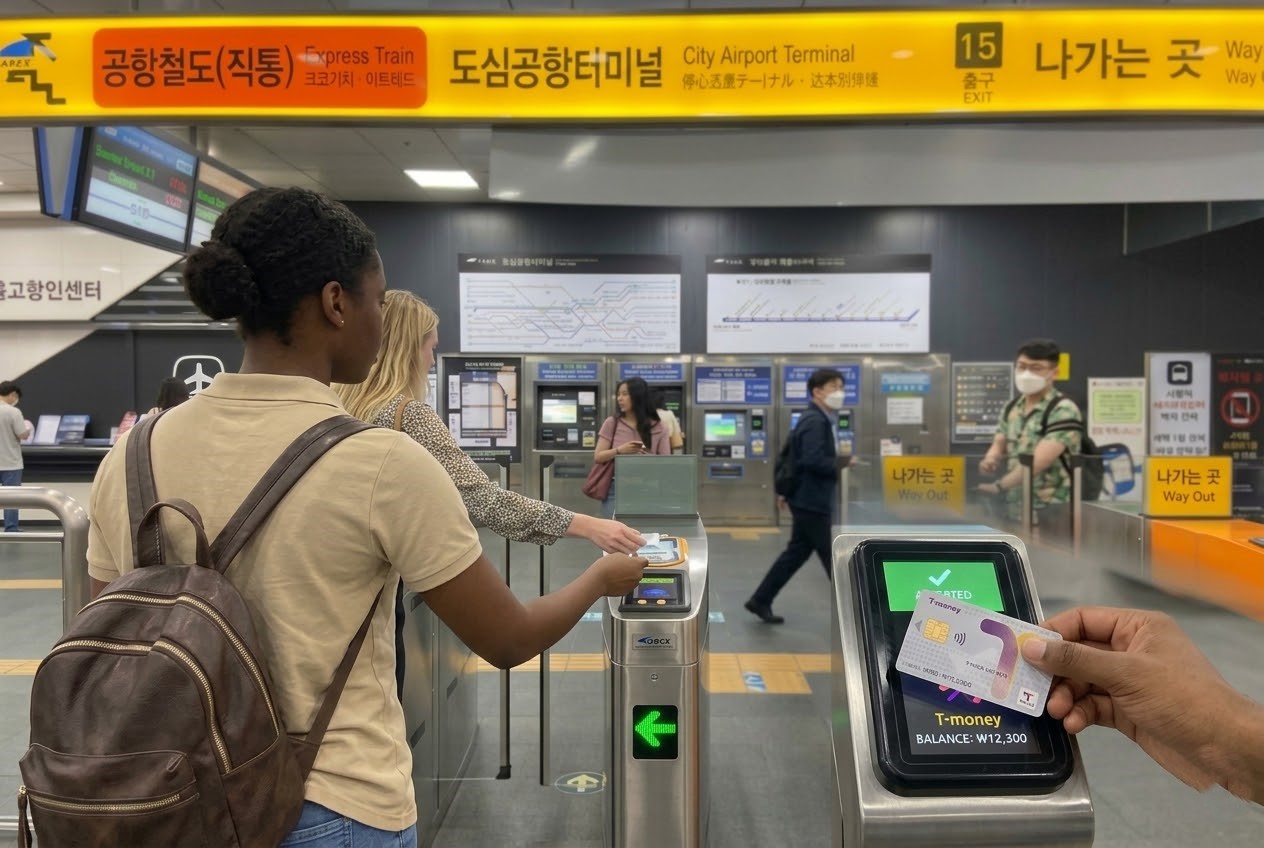 Traveler using a T-money card and navigation app in Korea