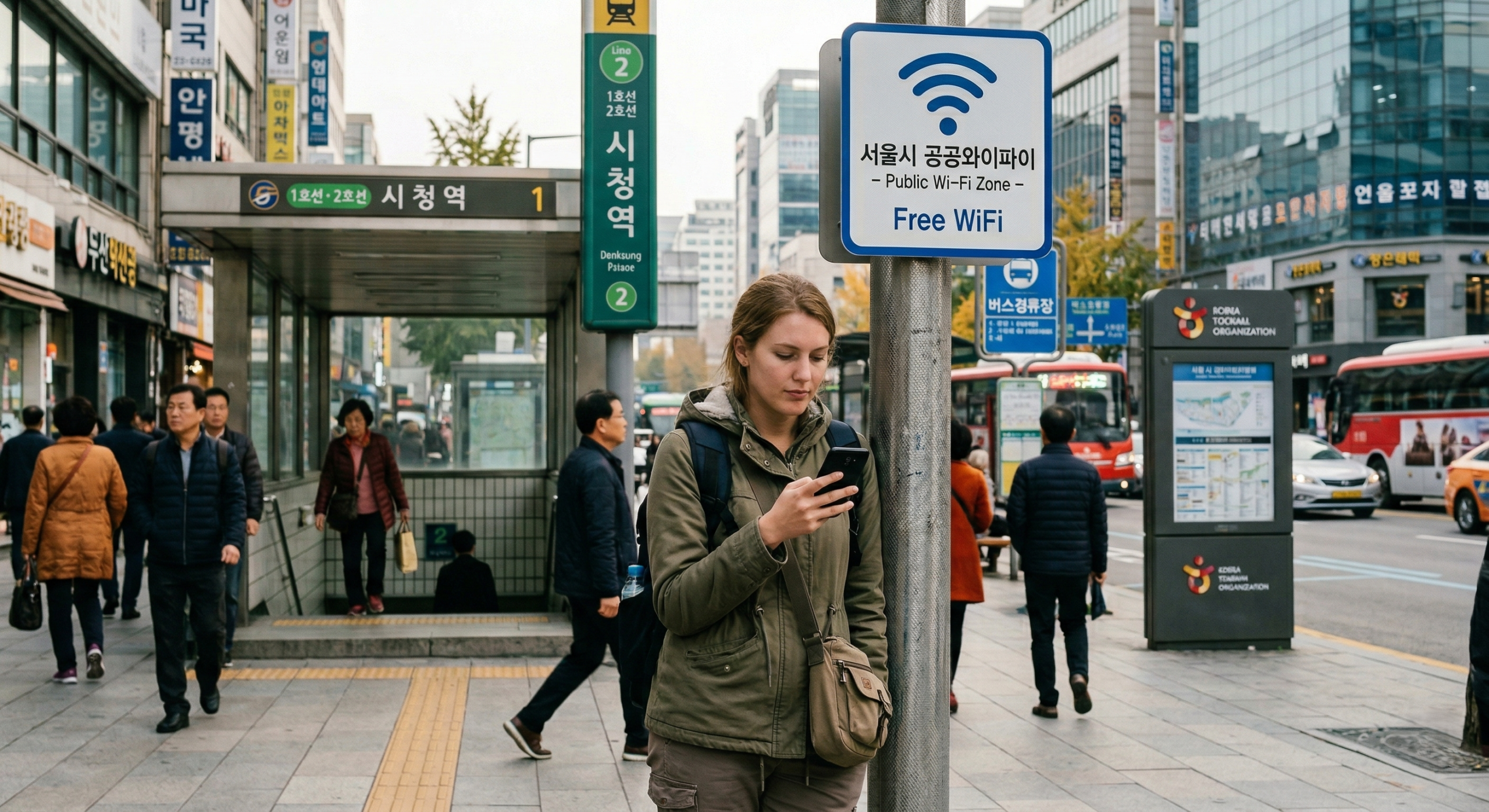 Foreign traveler checking a phone near a public Wi-Fi area in Seoul