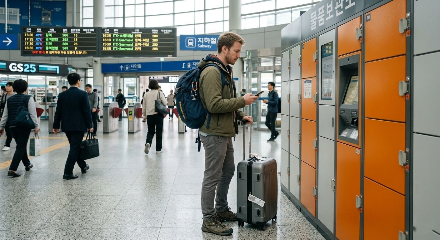 traveler checking station lockers with a suitcase in Korea before hotel check-in