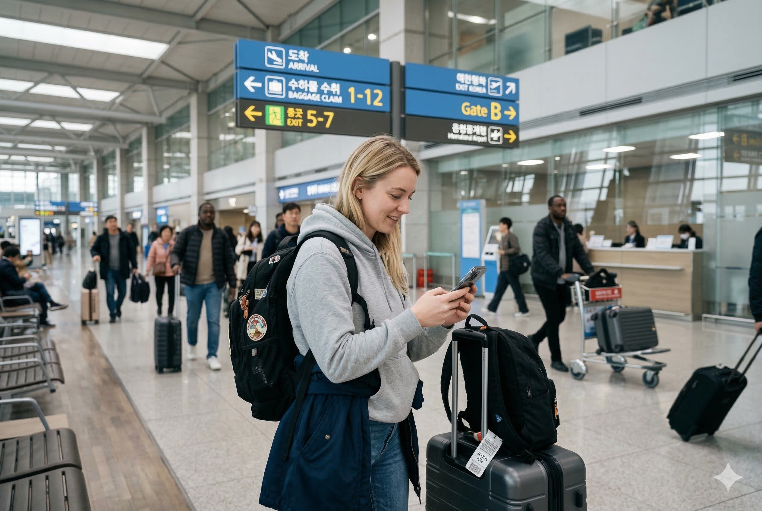Foreign traveler using a smartphone at Incheon Airport after arriving in Korea