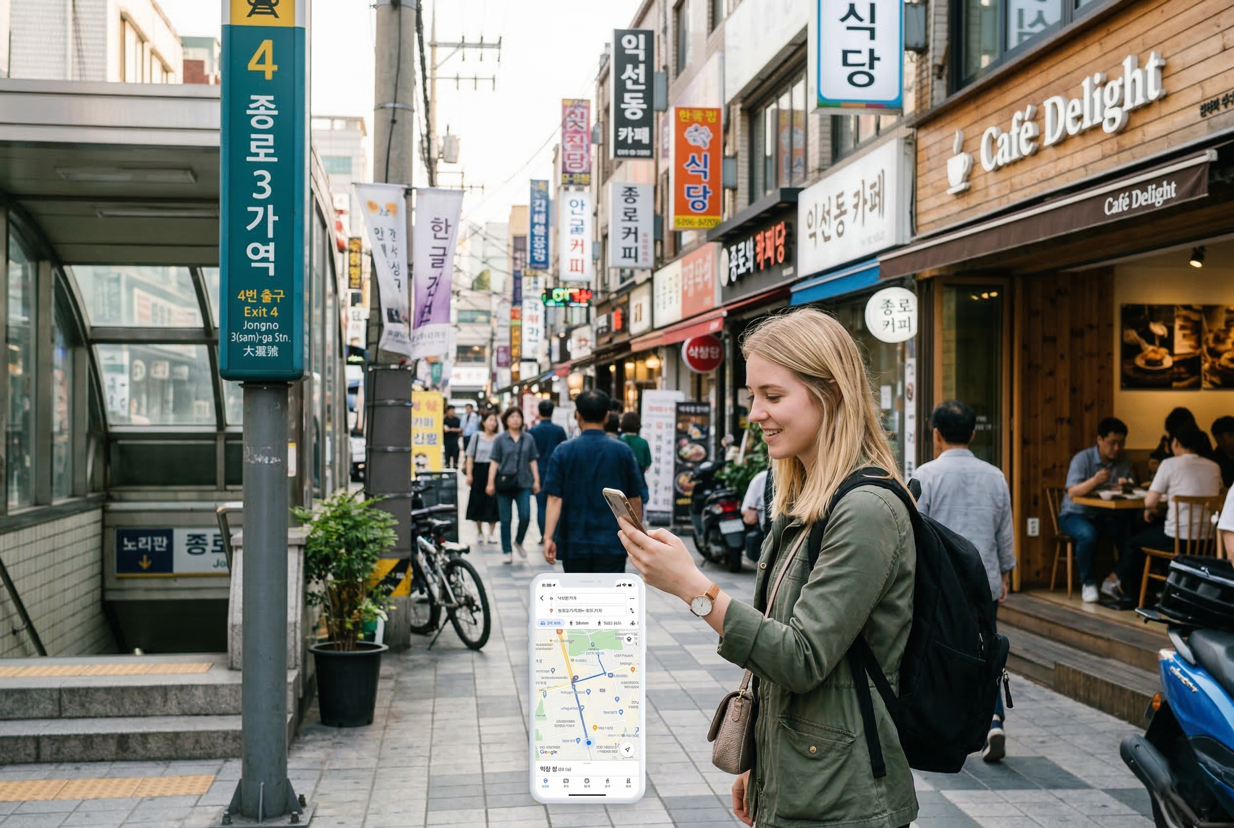Foreign traveler using Korean map apps on a smartphone in Seoul
