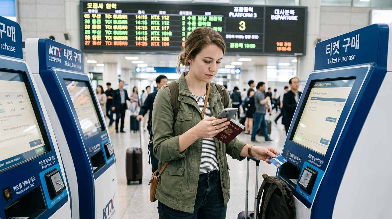 Foreign traveler in a Korean train or express bus terminal checking a failed booking or payment on a smartphone near a ticket kiosk