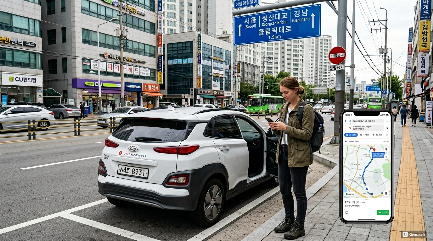 Foreign traveler preparing to drive a rental car in Korea