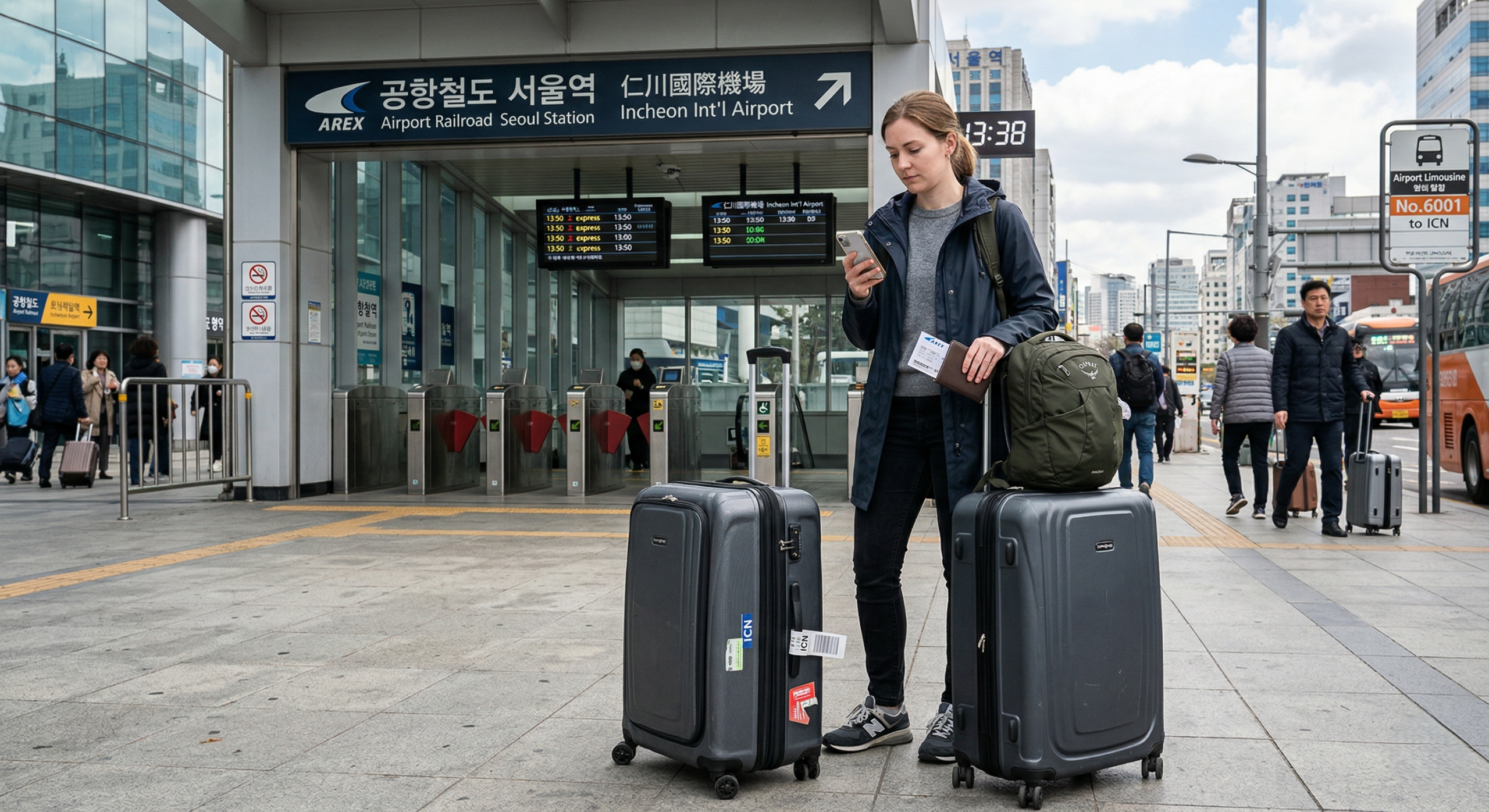 Foreign traveler leaving Seoul for Incheon Airport with suitcase and carry-on on departure day