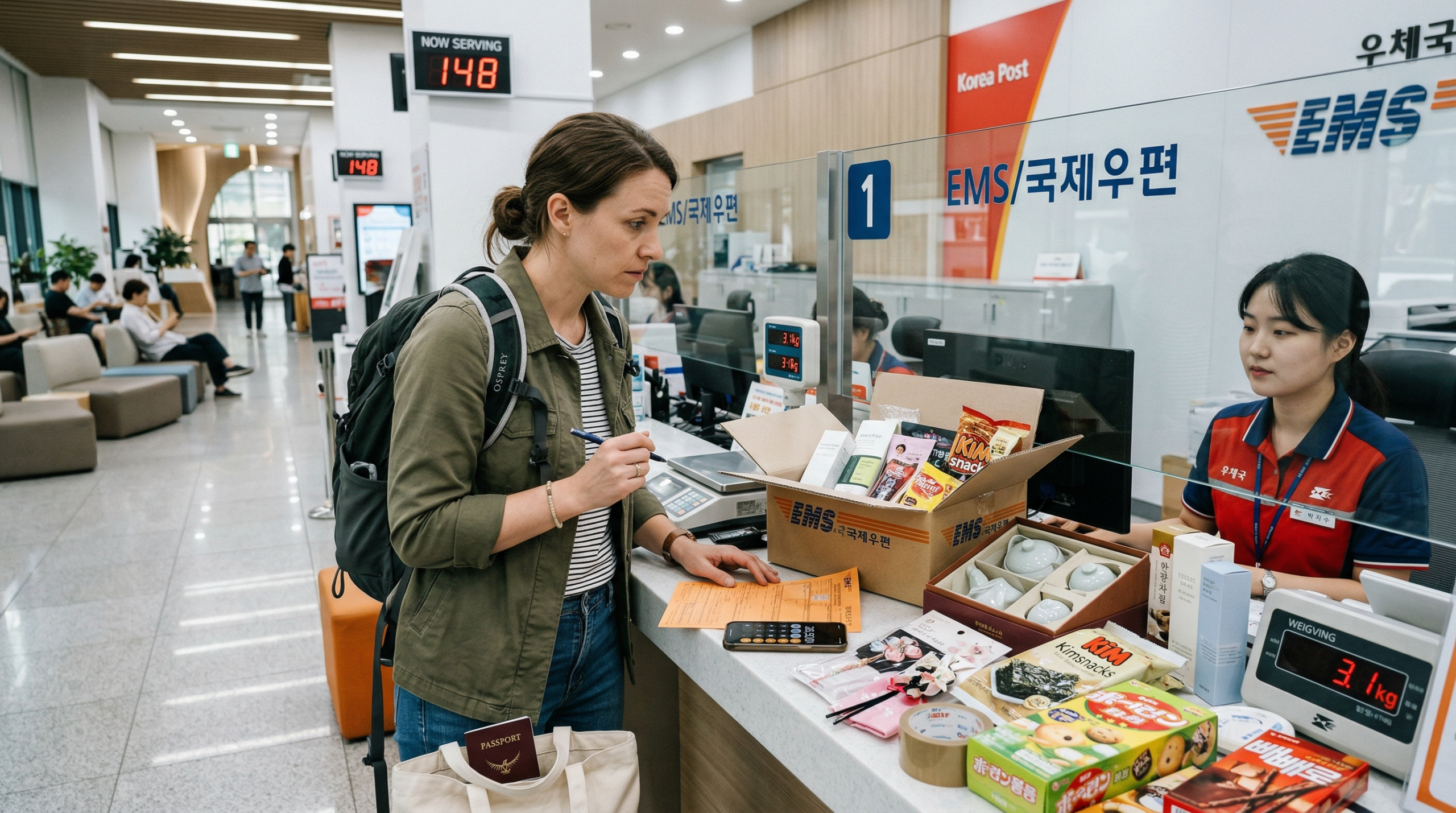 Foreign traveler preparing an EMS parcel at a Korean post office with souvenirs, customs form, and shipping box