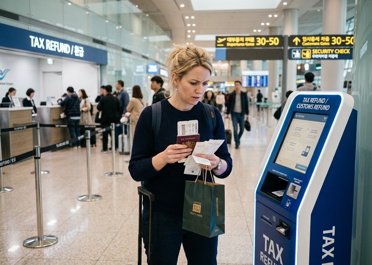 Foreign traveler at Incheon Airport checking a Korea tax refund kiosk with passport, boarding pass, and shopping receipts before departure